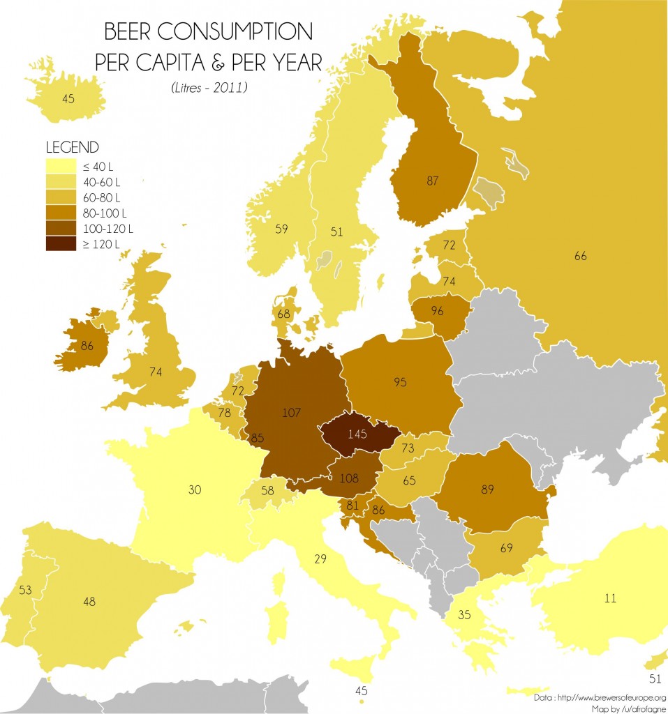 The amount of litres of beer consumed in Europe per capita per year.  Source: /u/afrofagne on reddit.com/r/mapporn