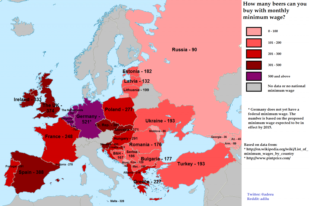How many beers can be bought with the minimum wage in Europe. Source: /u/adilu reddit.com/r/mapporn