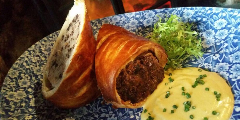 Here’s an amazing pub snack; gourmet black pudding sausage rolls.